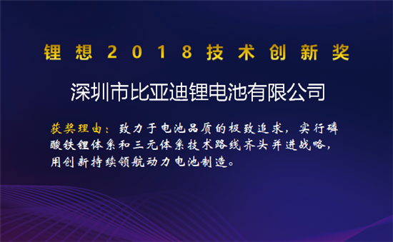 比亞迪/桑頓/微宏/塔菲爾獲鋰想2018技術創新獎 湖南鴻捷獲鋰想環保先鋒獎